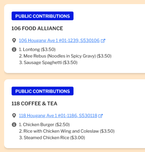 Discover public recommendations of affordable meals at coffeeshops or hawker centres through GBMH