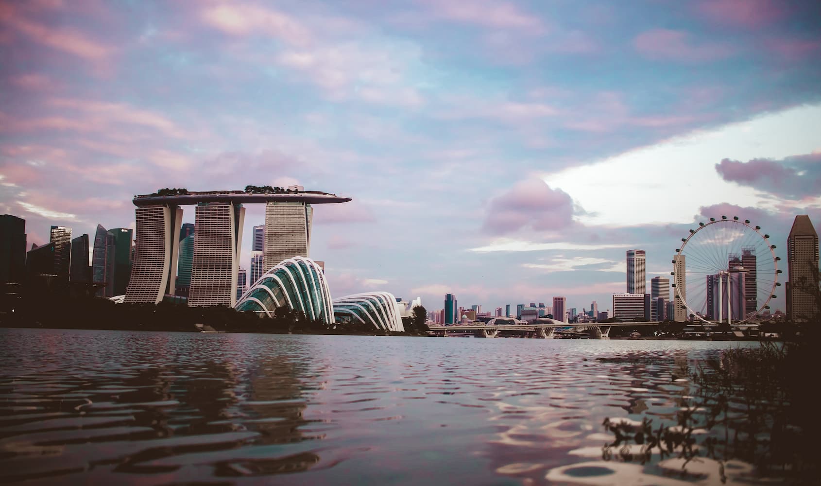 Outline of the Singapore city with the Marina Bay Sands and a huge water body in view